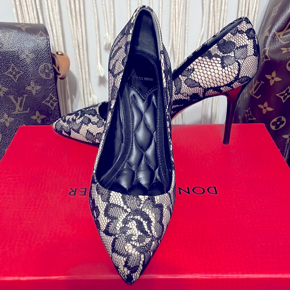 B Brian Atwood Malika Pointed-Toe, Black Lace Pumps - Picture 2 of 8